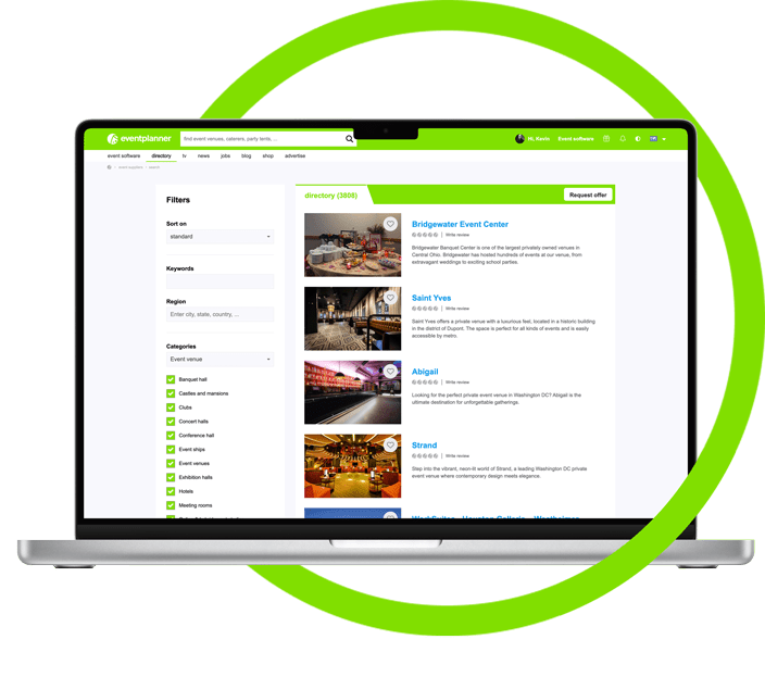 Afbeelding van een laptop met daarop de eventplanner.net-bedrijvengids om in te adverteren.