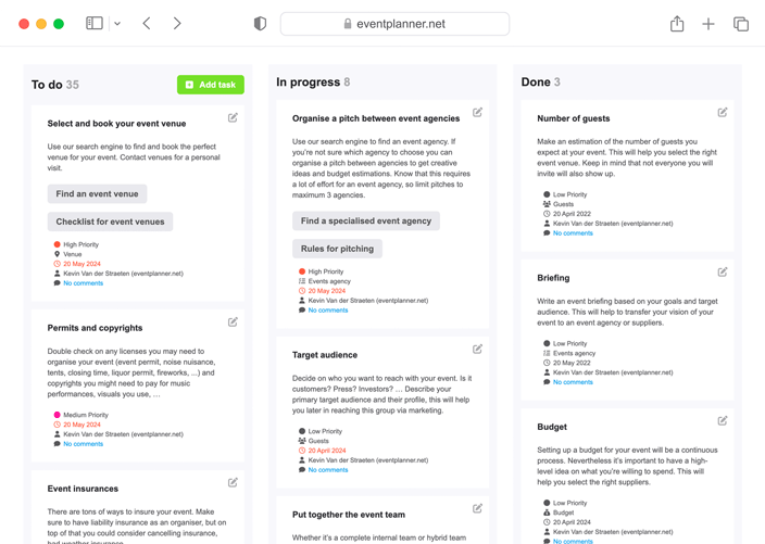 Screenshot van de eventplanner.net eventsoftware.