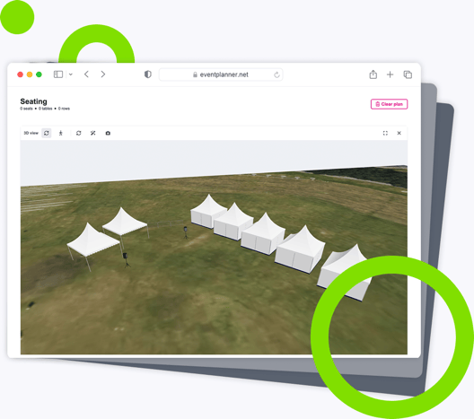 Een festivalterrein in 3D op een satellietkaart, met open markttenten, tenten met wanden en luidsprekers.