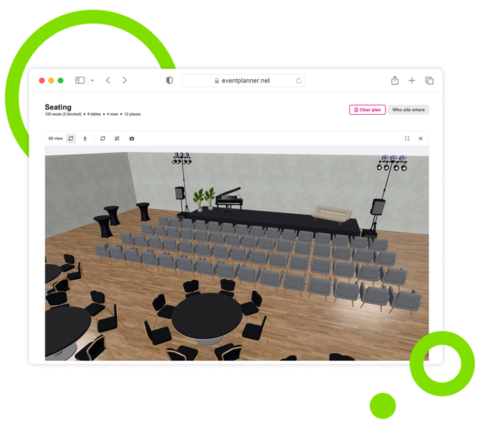 De 3D-weergave in de eventsoftware van eventplanner.net: rijen stoelen en ronde tafels voor een podium met een vleugelpiano.