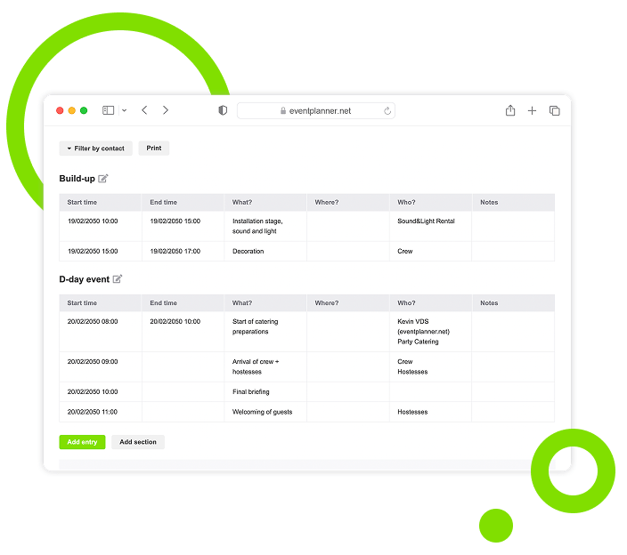 Screenshot van de Draaiboek-functie in eventplanner.net.