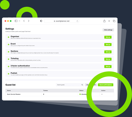 Schermafbeelding van de interface voor evenemententickets