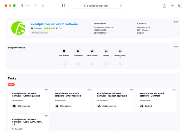 Suppliers-interface met dashboard om een eventleverancier of locatie te beheren.