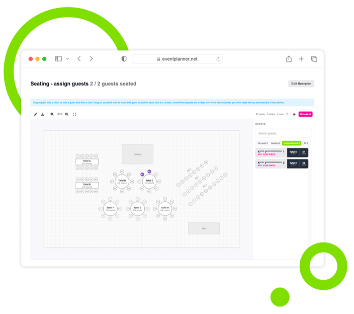 Screenshot van de zaalindeling-ontwerper van eventplanner.net met tafels en zitplaatsen.