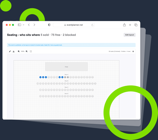 Screenshot van een afgewerkt zaalplan in de event software van eventplanner.net.